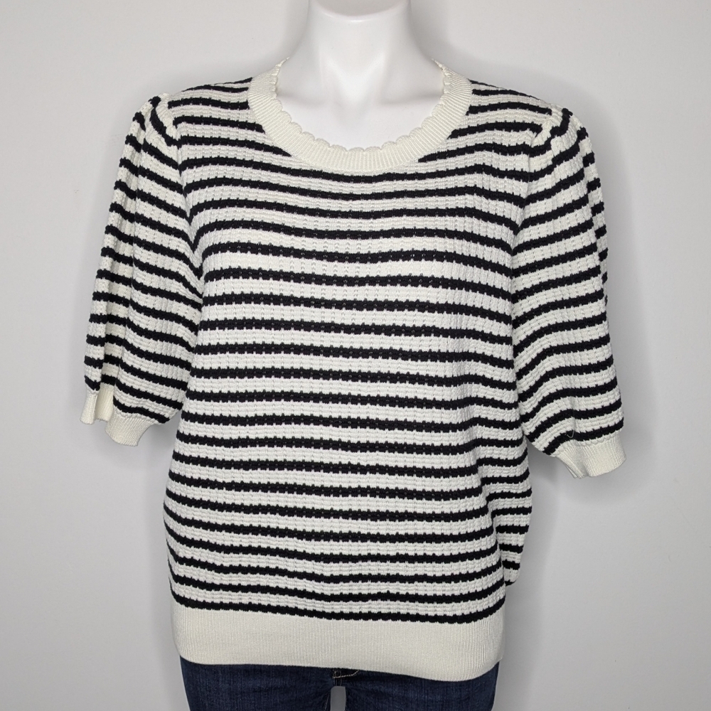 Draper James Black White Striped Knit Short Sleeve Cotton Blend Sweater XL